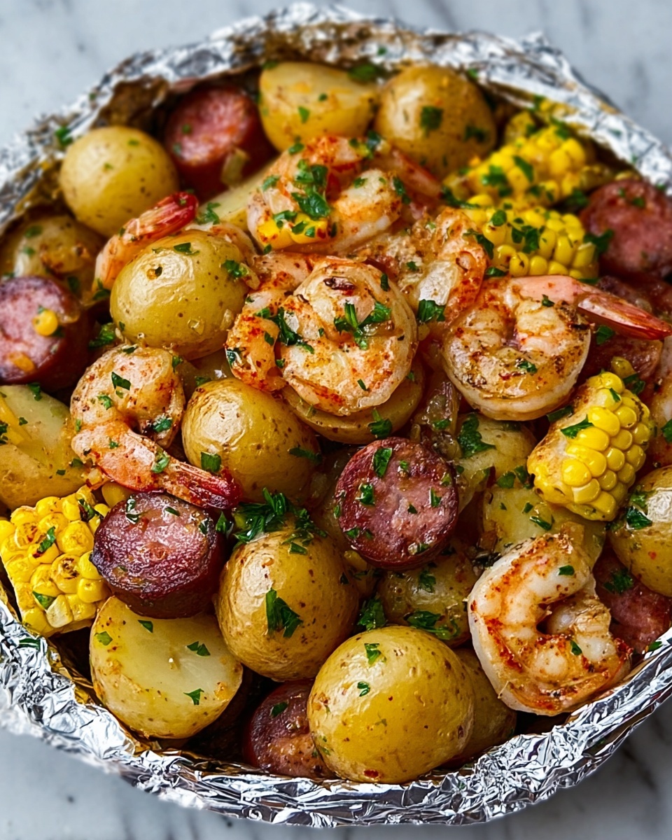 Shrimp, Corn, Potatoes, and Smoked Sausage Foil Pack Recipe - Recipe Image