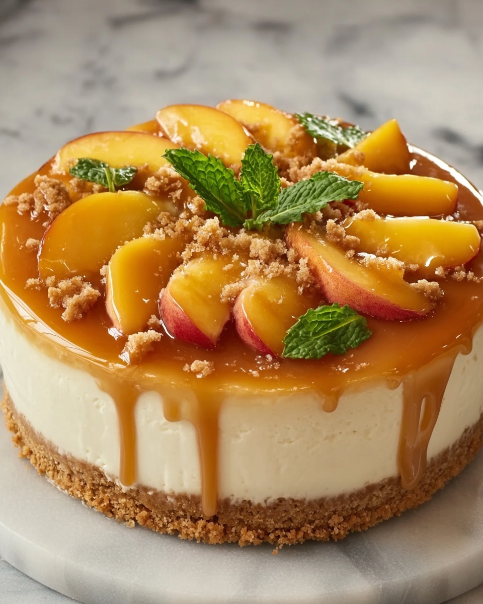 Vanilla Bean Cheesecake with Peach Cobbler and Salted Caramel Recipe - Recipe Image