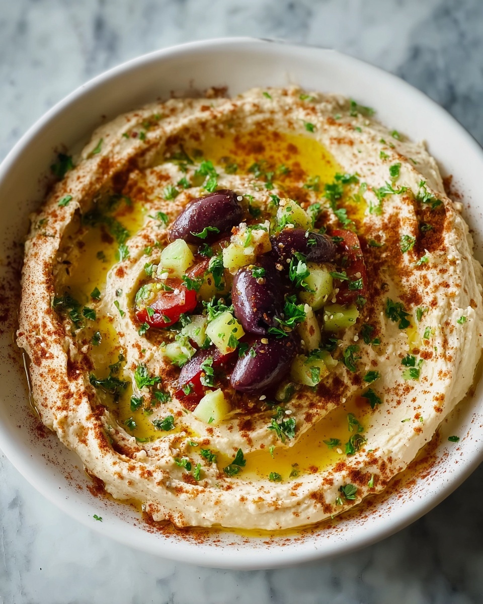 Loaded Hummus Dip with Cherry Tomatoes, Cucumber, Feta, and Olives Recipe - Recipe Image