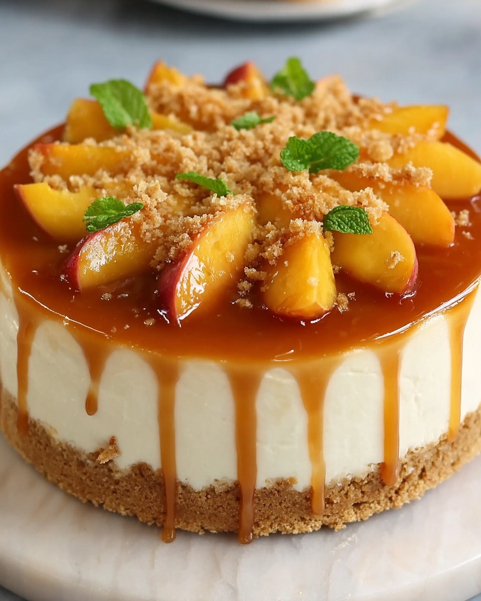 Vanilla Bean Cheesecake with Peach Cobbler and Salted Caramel Recipe - Recipe Image