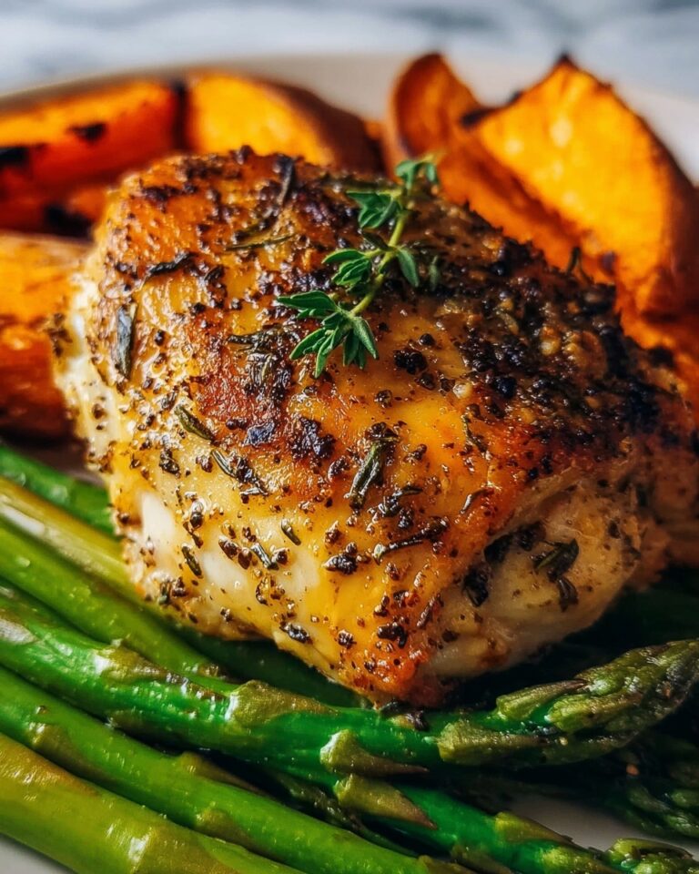 Garlic Herb Chicken with Roasted Sweet Potatoes & Asparagus Recipe