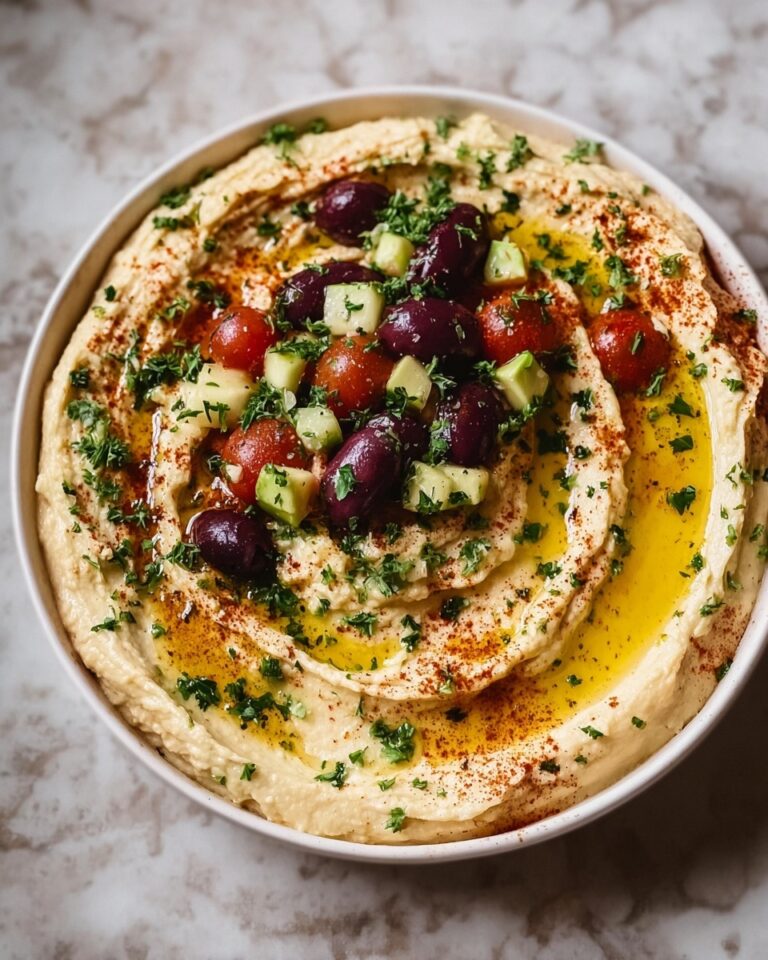 Loaded Hummus Dip with Cherry Tomatoes, Cucumber, Feta, and Olives Recipe