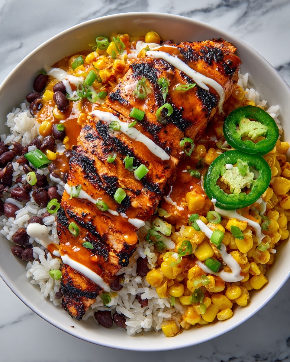 Grilled Chicken Bowl with Corn, JalapeƱos & Creamy Sauce Recipe - Recipe Image