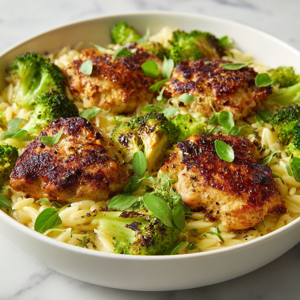 Skillet Chicken Thighs with Broccoli and Orzo Recipe - Recipe Image