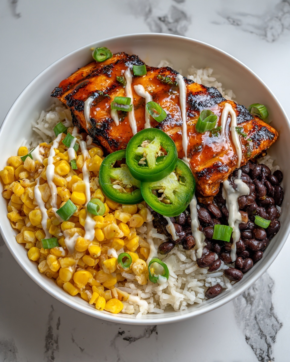 Grilled Chicken Bowl with Corn, JalapeƱos & Creamy Sauce Recipe - Recipe Image
