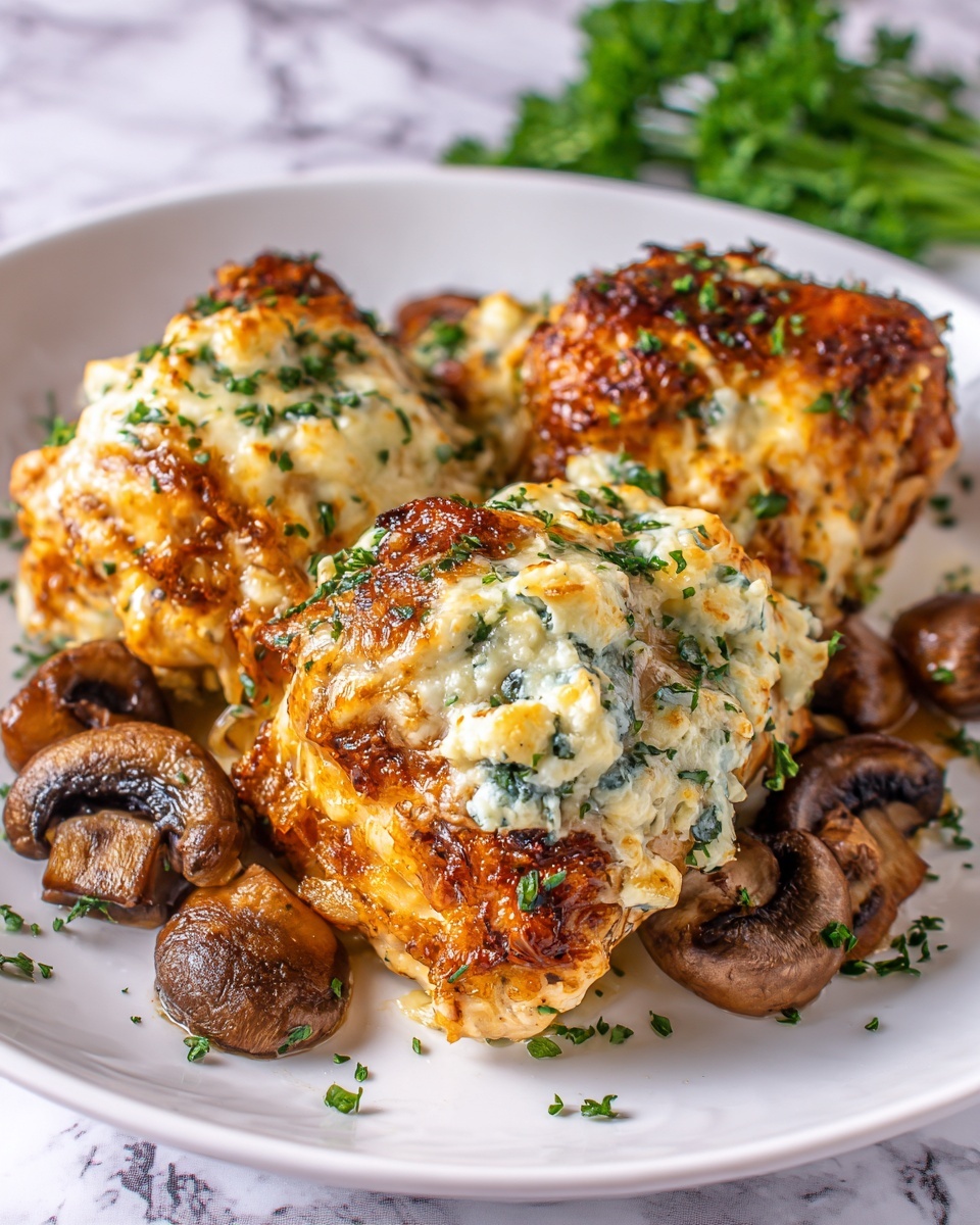 Cheesy Garlic Butter Mushroom Stuffed Chicken Recipe - Recipe Image