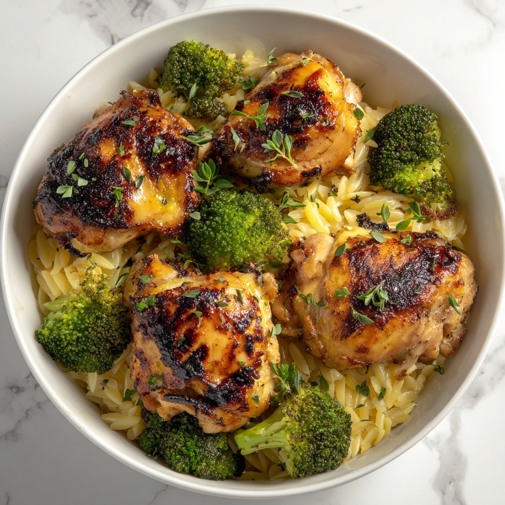 Skillet Chicken Thighs with Broccoli and Orzo Recipe - Recipe Image