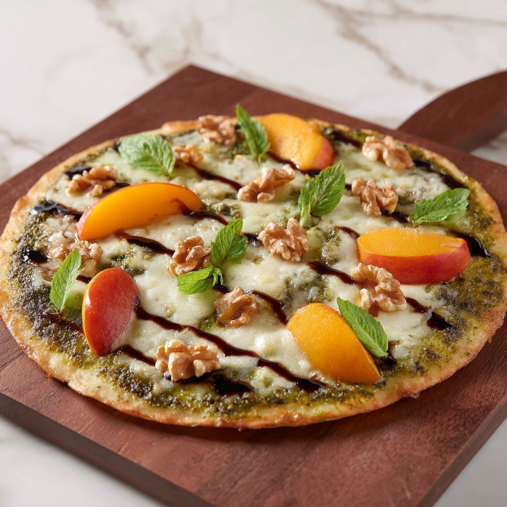 Toasted Walnut Pesto and Caramelized Nectarine Pizza with Spicy Balsamic Drizzle Recipe - Recipe Image