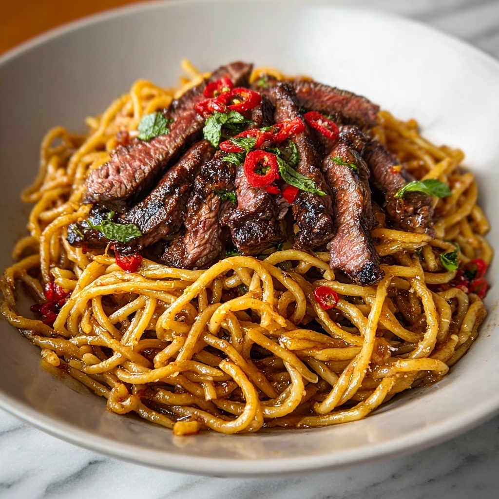 Sweet and Spicy Garlic Steak Pasta Recipe - Recipe Image