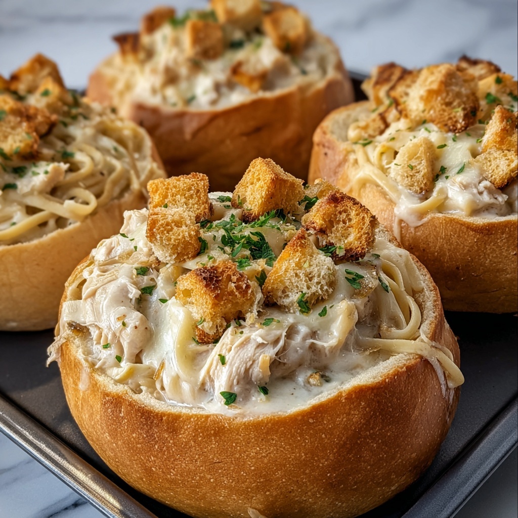 Chicken Alfredo Garlic Bread Bowls Recipe - Recipe Image