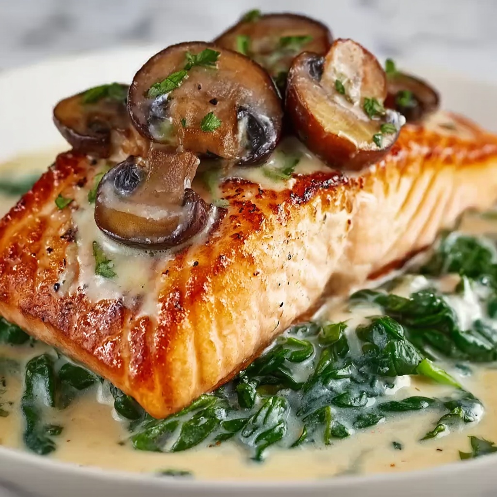 Garlic Butter Salmon with Spinach & Mushrooms in Creamy Sauce Recipe - Recipe Image
