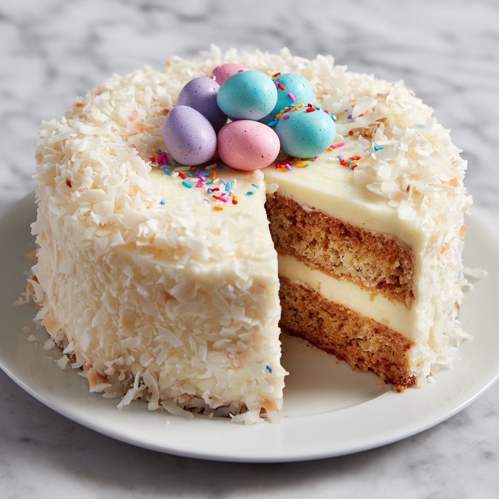 Lemon Coconut Easter Cake with Chocolate Egg Decoration Recipe - Recipe Image