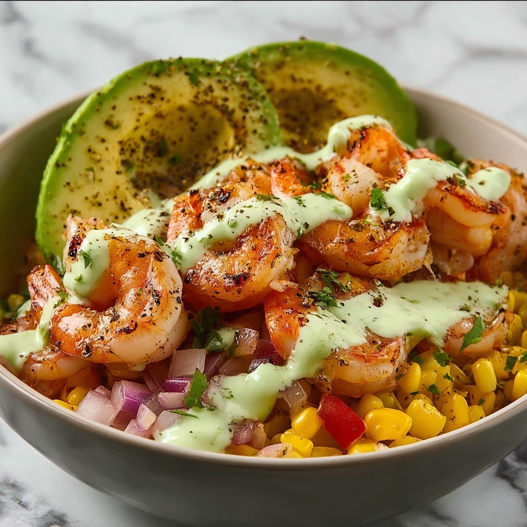Grilled Shrimp Bowl with Avocado Corn Salsa and Creamy Sauce Recipe - Recipe Image