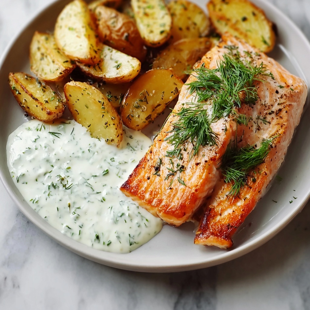 Dill Salmon with Potato Wedges and Creamy Pickle Dill Sauce Recipe - Recipe Image