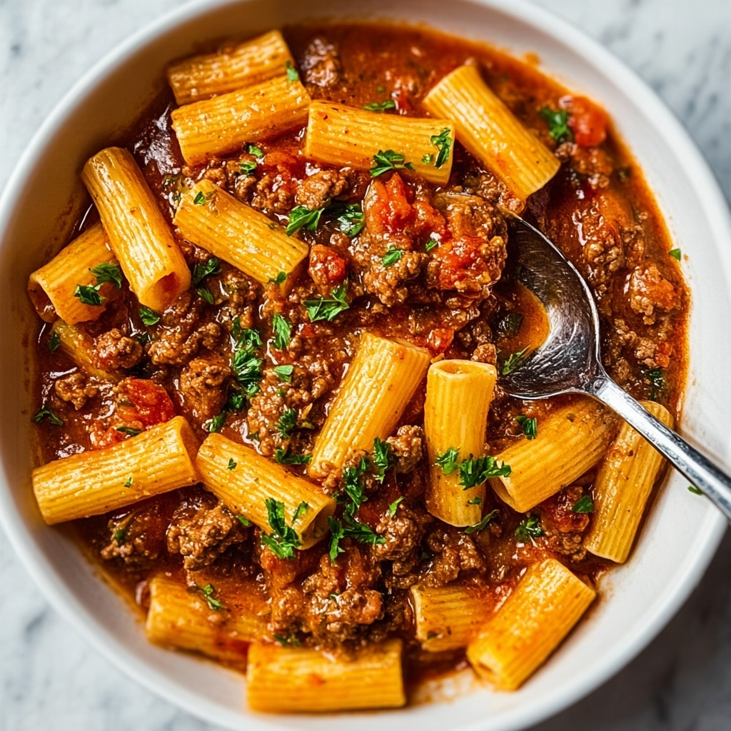 One Pot Creamy Tomato Beef Pasta Recipe - Recipe Image