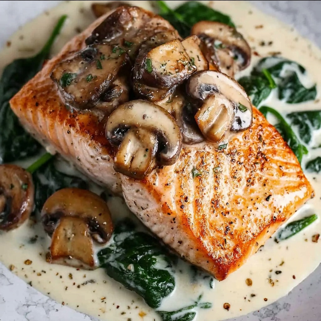 Garlic Butter Salmon with Spinach & Mushrooms in Creamy Sauce Recipe - Recipe Image