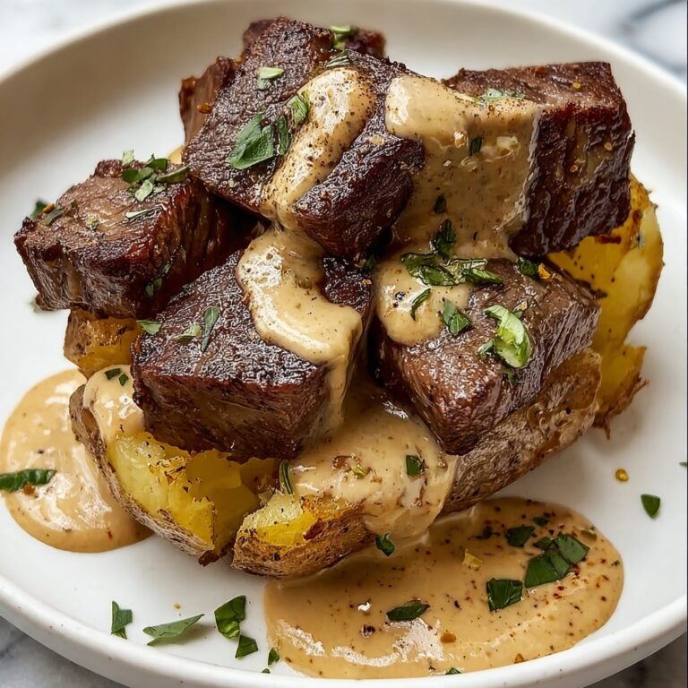 Loaded Baked Potato with Steak Bites and Parmesan Cream Sauce Recipe