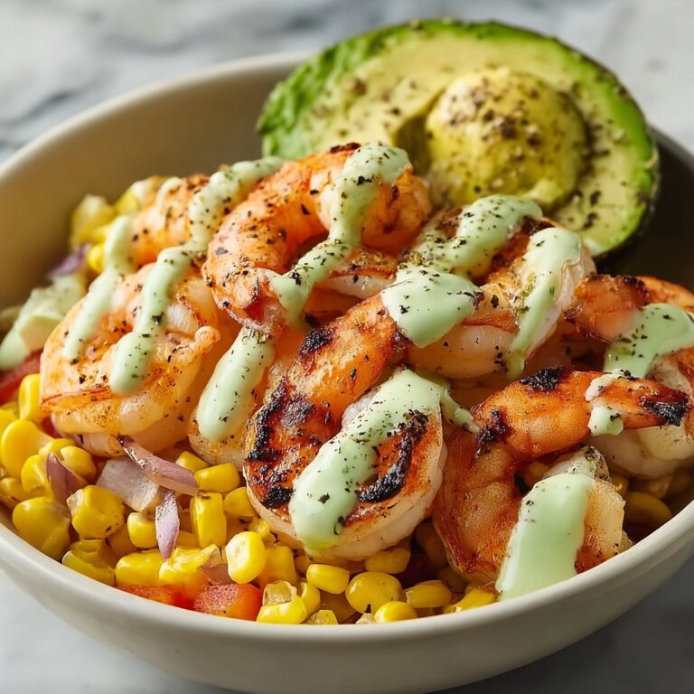 Grilled Shrimp Bowl with Avocado Corn Salsa and Creamy Sauce Recipe