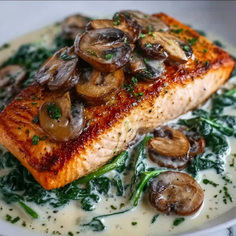 Garlic Butter Salmon with Spinach & Mushrooms in Creamy Sauce Recipe