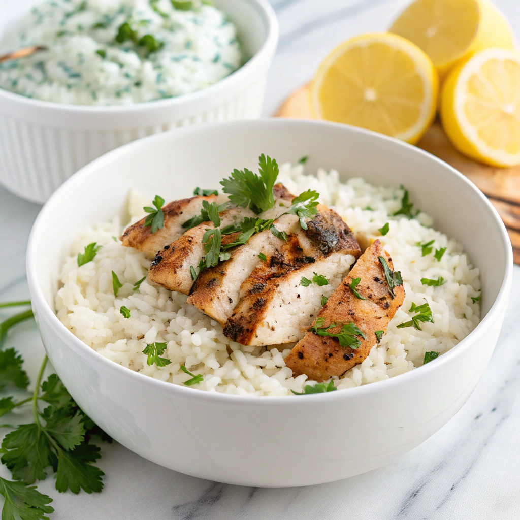 Dump and Bake Chicken Tzatziki with Rice Recipe - Recipe Image