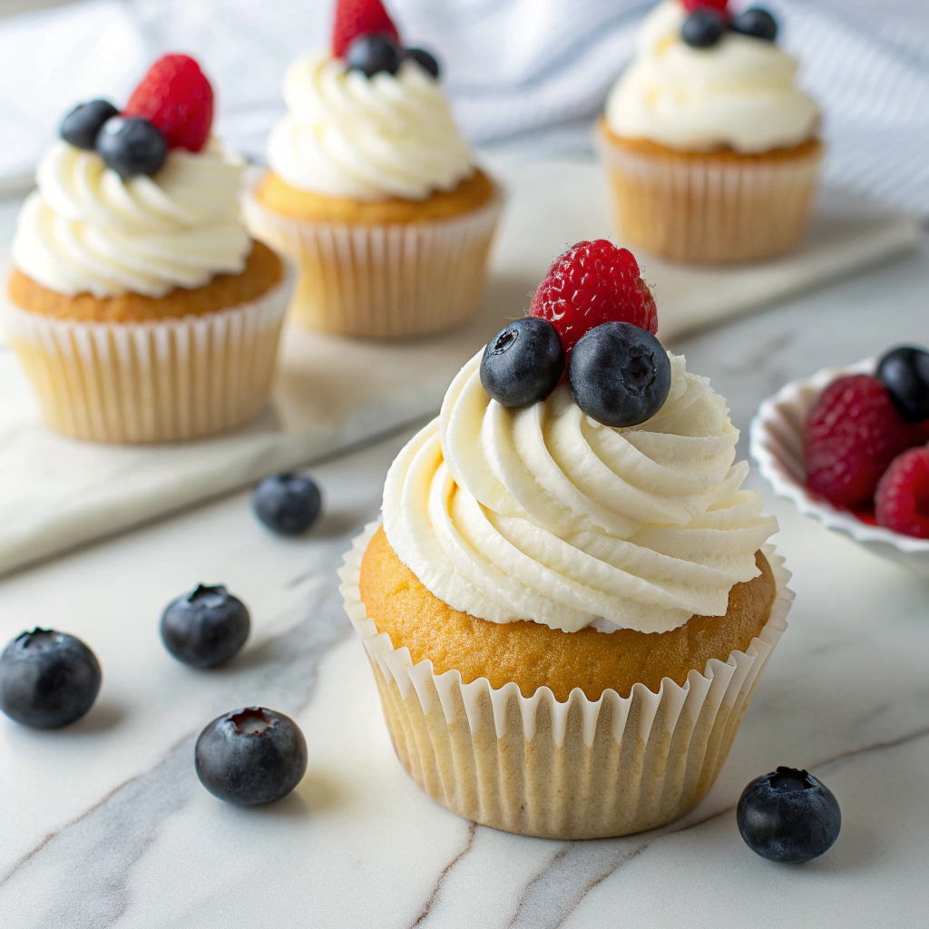 Angel Food Cupcakes with Whipped Cream and Berries Recipe - Recipe Image