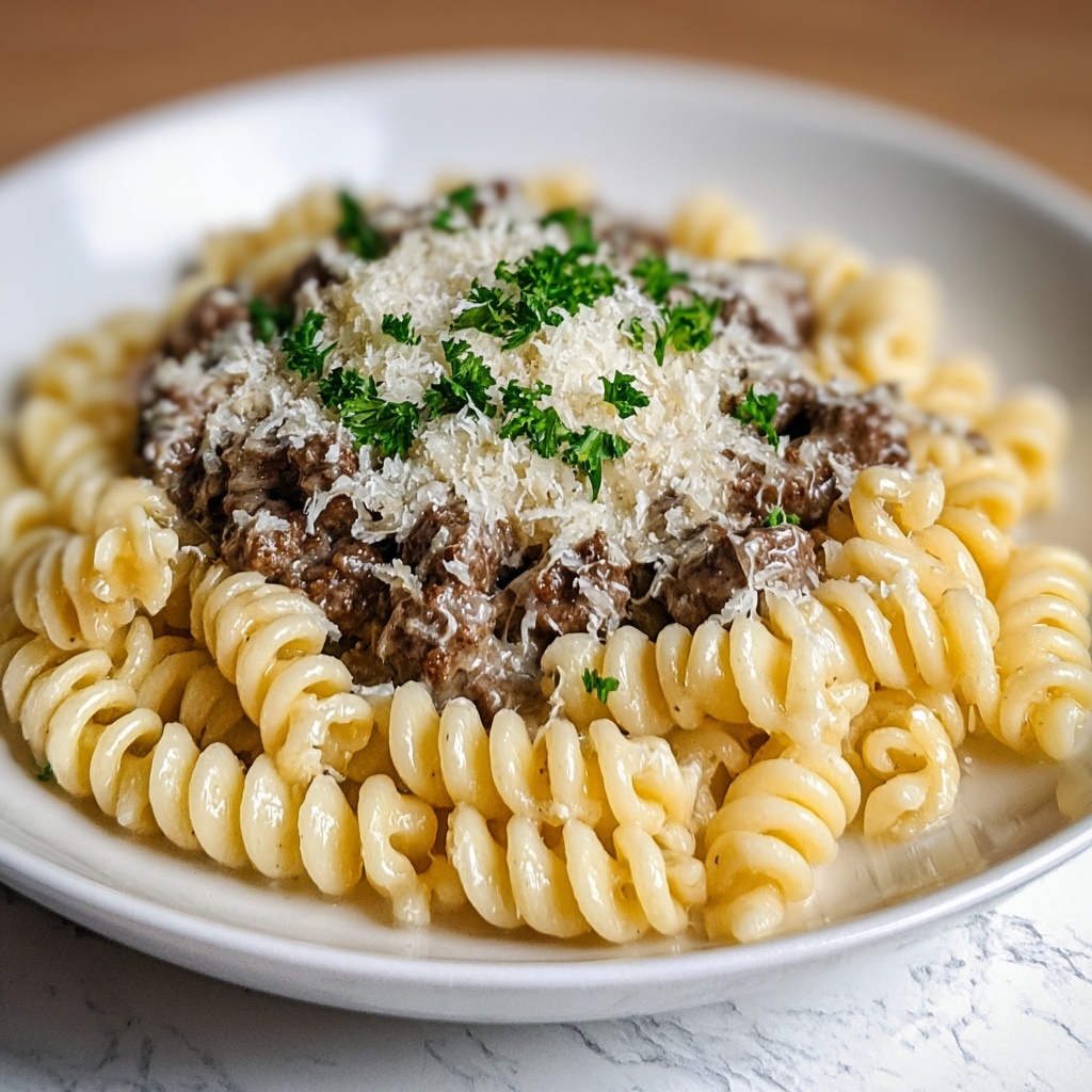 Beef and Rotini in Garlic Parmesan Sauce Recipe - Recipe Image
