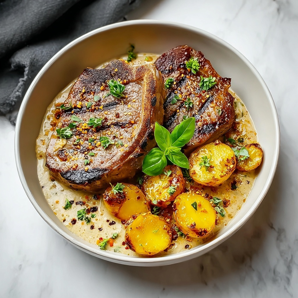 Garlic Butter Pork Chops with Cheesy Potato Bake Recipe - Recipe Image