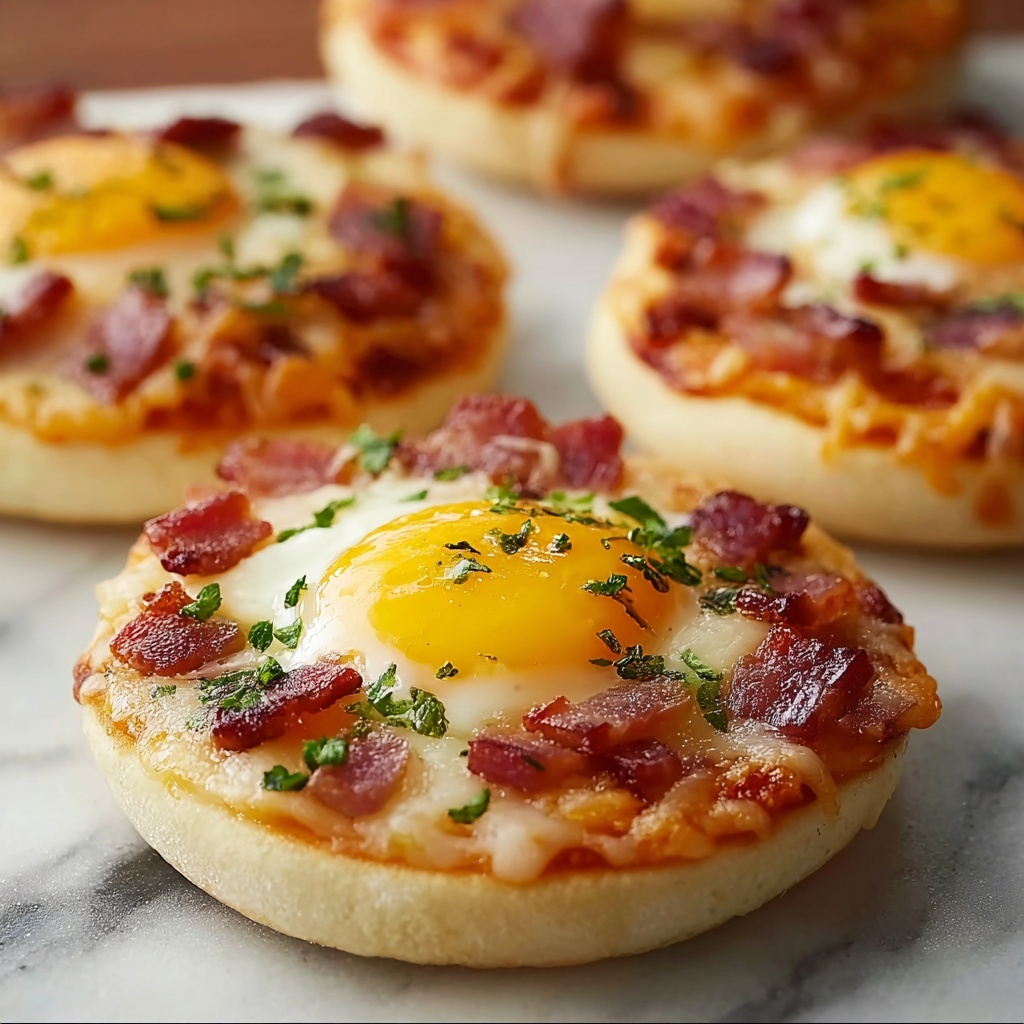 English Muffin Breakfast Pizza with Sausage, Eggs, and Cheddar Recipe - Recipe Image