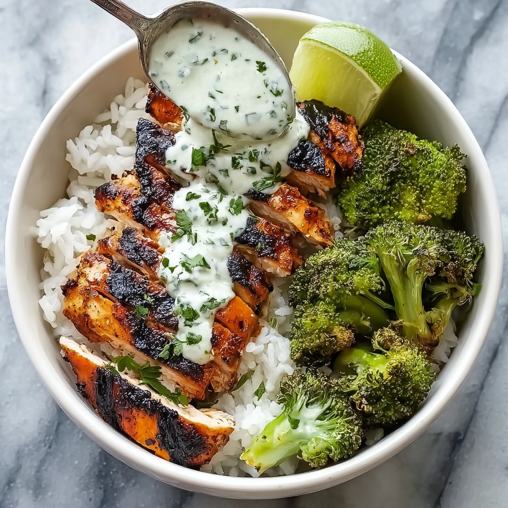 Grilled Chicken & Broccoli Bowls with Creamy Garlic Sauce Recipe - Recipe Image