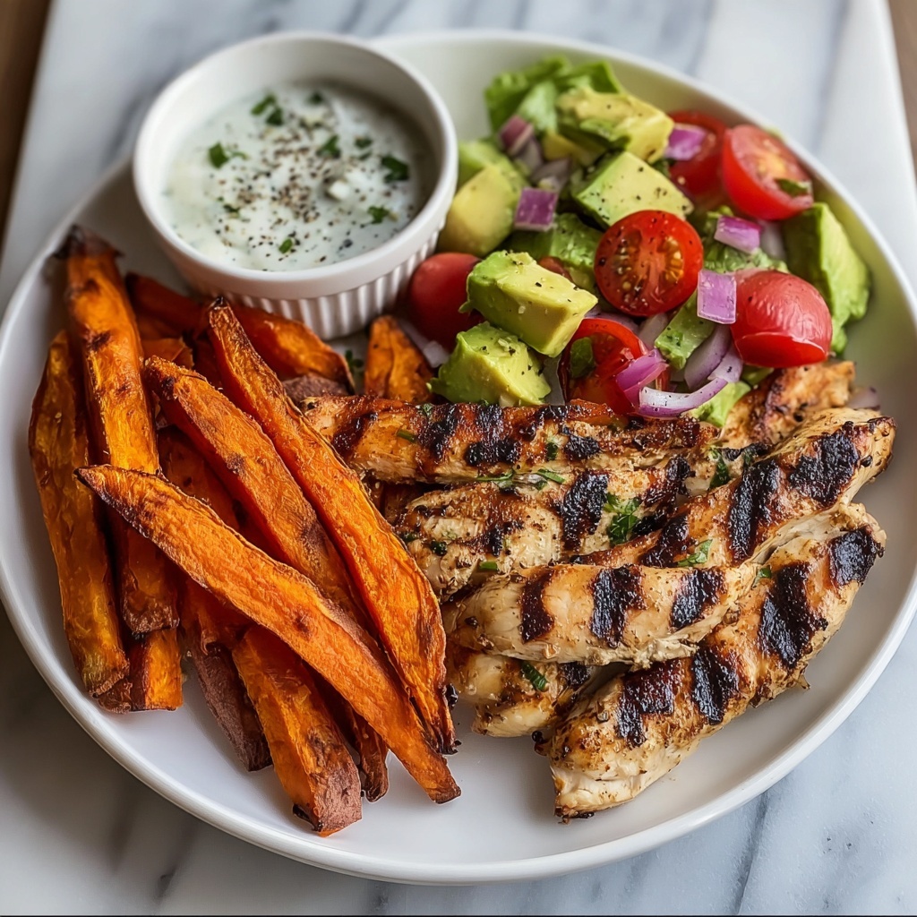Grilled Chicken with Sweet Potato Fries and Fresh Avocado Salsa Recipe - Recipe Image