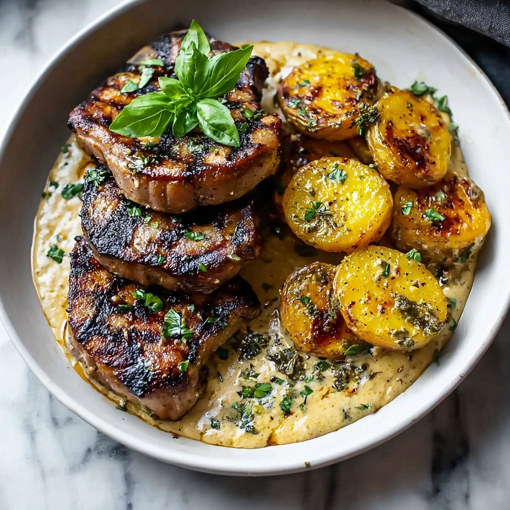 Garlic Butter Pork Chops with Cheesy Potato Bake Recipe - Recipe Image