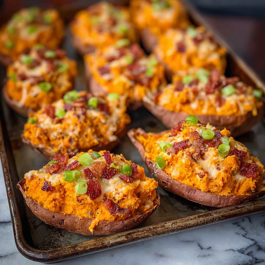 Twice Baked Sweet Potatoes with Bacon, Maple Syrup, and Smoked Cheddar Recipe - Recipe Image