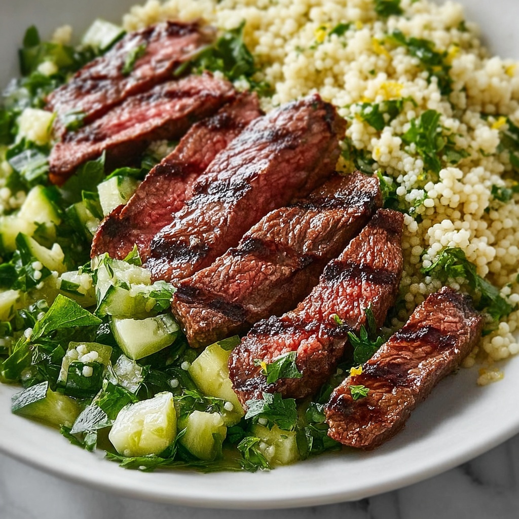 Grilled Skirt Steak with Lemon Herb Couscous Salad Recipe - Recipe Image