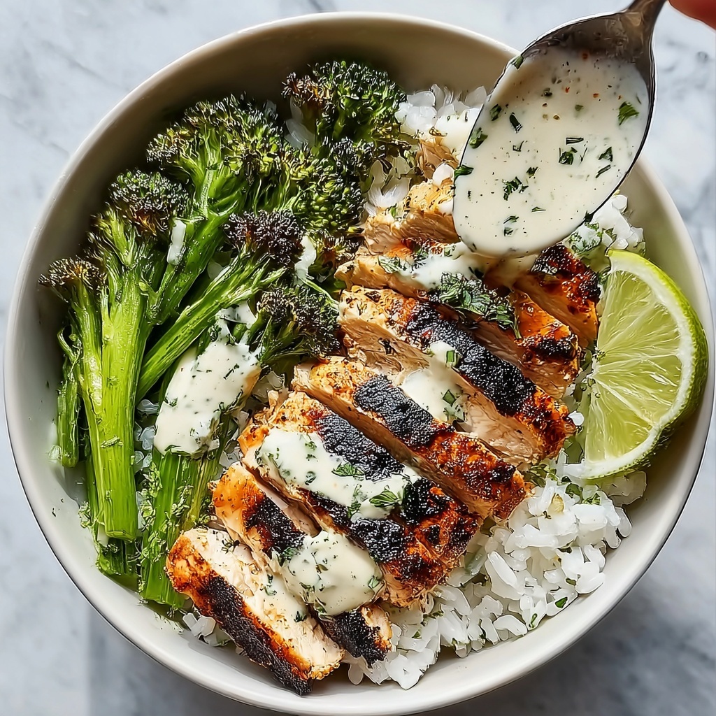 Grilled Chicken & Broccoli Bowls with Creamy Garlic Sauce Recipe - Recipe Image