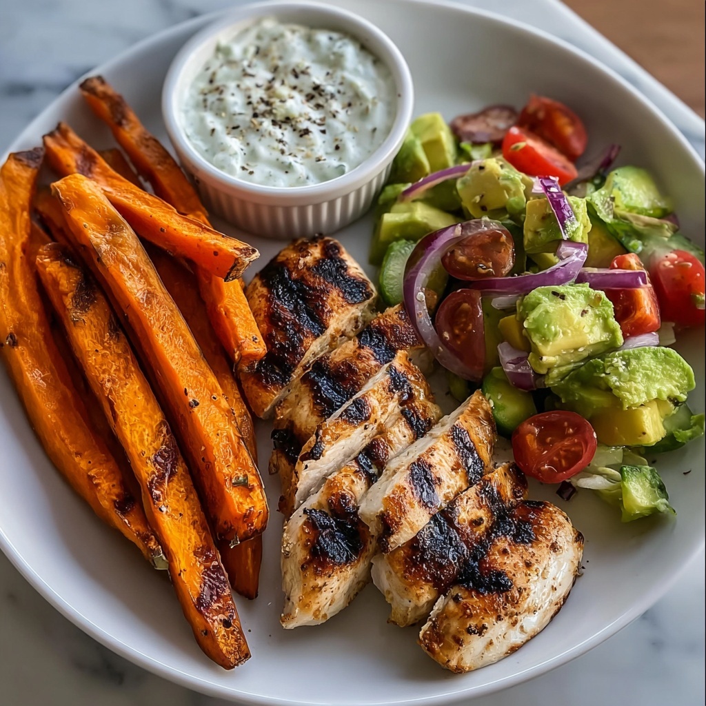 Grilled Chicken with Sweet Potato Fries and Fresh Avocado Salsa Recipe - Recipe Image