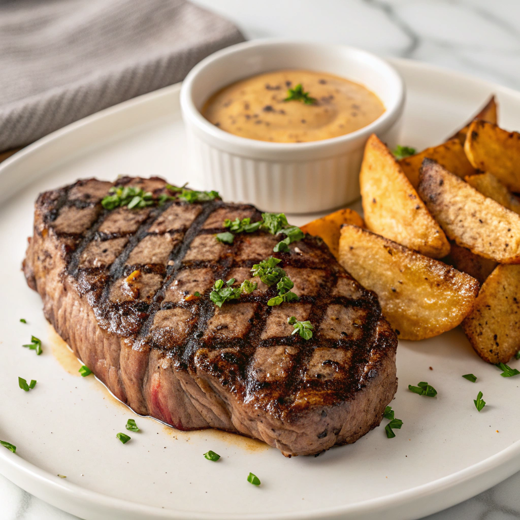 Tremendous Ribeye Steak with French Onions and Crispy French Fries Recipe - Recipe Image