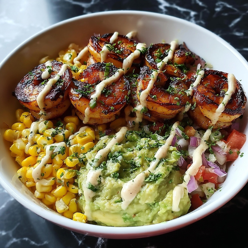 Grilled Shrimp Bowl with Avocado Corn Salsa & Creamy Garlic Sauce Recipe - Recipe Image