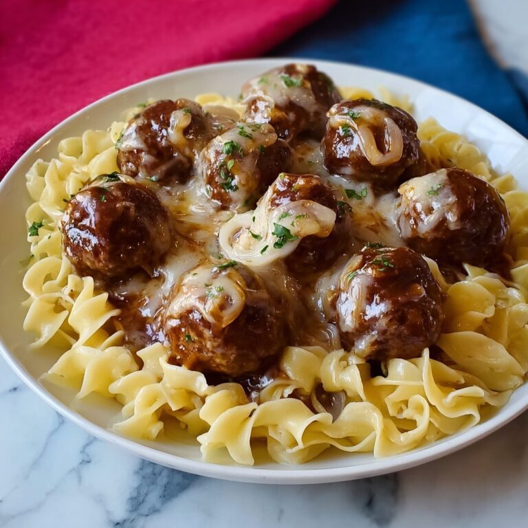 Saucy Skillet French Onion Meatballs with Egg Noodles Recipe