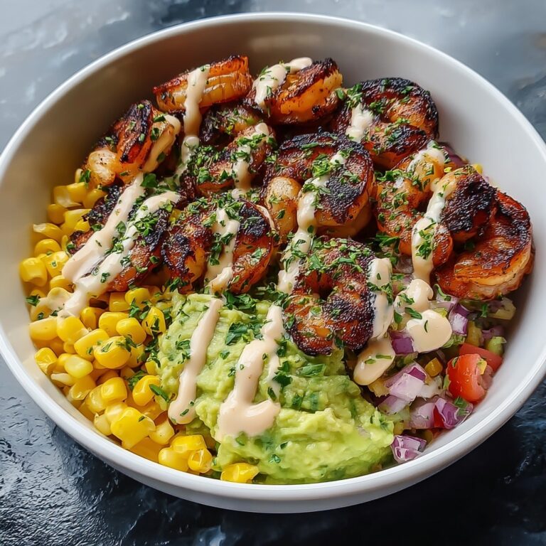 Grilled Shrimp Bowl with Avocado Corn Salsa & Creamy Garlic Sauce Recipe